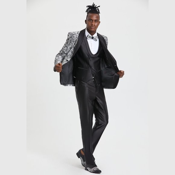 TAZIO SKINNY FIT Double-Breasted PAISLEY SHAWL COLLAR SUIT, SILVER - Picture 2 of 3